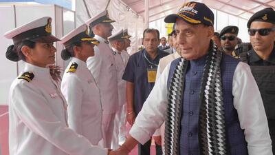 Defence minister Rajnath Singh during the commissioning of ICGS 'Samudra Pratap', the first of two pollution control vessels built by Goa Shipyard Limited (GSL), in Goa. (@SpokespersonMoD/PTI) Defence minister Rajnath Singh during the commissioning of ICGS 'Samudra Pratap', the first of two pollution control vessels built by Goa Shipyard Limited (GSL), in Goa. (@SpokespersonMoD/PTI)