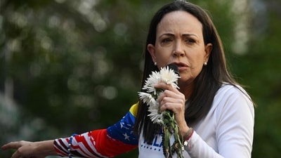 Venezuelan opposition leader Maria Corina Machado addresses supporters. (AFP)