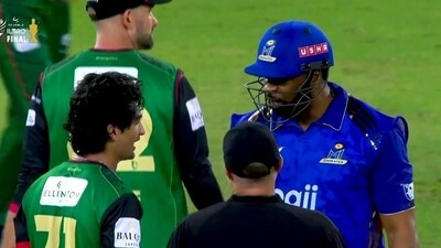Kieron Pollard and Naseem Shah were involved in a heated altercation in the middle. (Screengrab - X)
