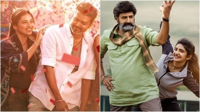 Mamitha Baiju, Vijay, Balakrishna and Sreeleela in stills from Jana Nayagan and Bhagavanth Kesari. Mamitha Baiju, Vijay, Balakrishna and Sreeleela in stills from Jana Nayagan and Bhagavanth Kesari.