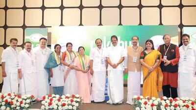 Lok Sabha MP Shashi Tharoor, AICC general secretary KC Venugopal, Kerala LoP VD Satheesan, and other leaders of the UDF at the event on Monday. (HT Photo) Lok Sabha MP Shashi Tharoor, AICC general secretary KC Venugopal, Kerala LoP VD Satheesan, and other leaders of the UDF at the event on Monday. (HT Photo)