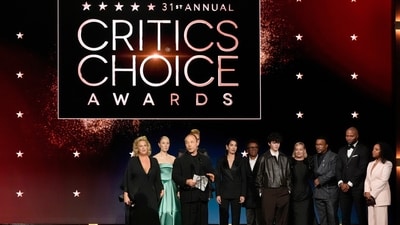 Stephen Graham, third from left, and the cast and crew from "Adolescence" accept the award for best limited series while Quinta Brunson, far right, looks on during the 31st Annual Critics Choice Awards on Sunday, Jan. 4, 2026, at The Barker Hanger in Santa Monica, Calif. Quinta Brunson appears onstage (AP Photo/Chris Pizzello) (Chris Pizzello/Invision/AP)