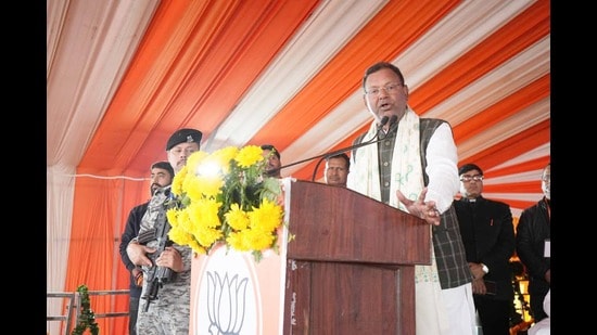 Pankaj Chaudhary in Gorakhpur on Monday (HT Photo)