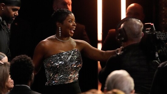Janelle James reacts to winning the award for best supporting actress in a comedy series for "Abbott Elementary" during the 31st Annual Critics Choice Awards on Sunday, Jan. 4, 2026, at The Barker Hanger in Santa Monica, Calif. (AP Photo/Chris Pizzello)(Chris Pizzello/Invision/AP)