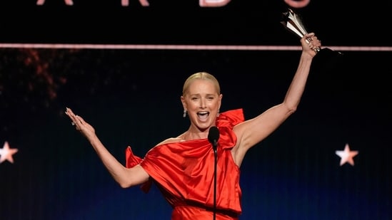 Katherine LaNasa accepts the award for best supporting actress in a drama series for "The Pitt" during the 31st Annual Critics Choice Awards on Sunday, Jan. 4, 2026, at The Barker Hanger in Santa Monica, Calif. (AP Photo/Chris Pizzello)(Chris Pizzello/Invision/AP)