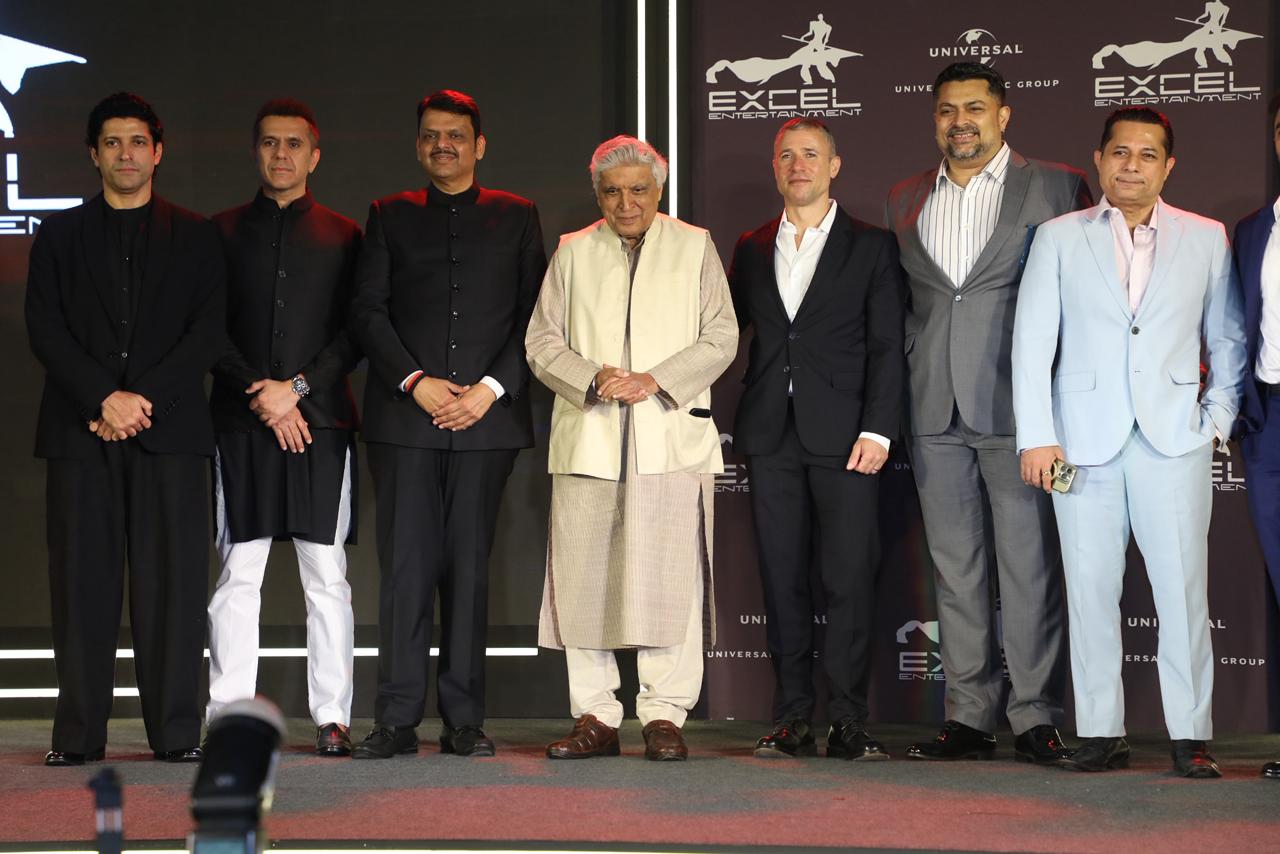 (L-R): Farhan Akhtar, Ritesh Sidhwani, Maharashtra CM Devendra Fadnavis, Javed Akhtar, Adam Granite, and Devraj Sanyal. (L-R): Farhan Akhtar, Ritesh Sidhwani, Maharashtra CM Devendra Fadnavis, Javed Akhtar, Adam Granite, and Devraj Sanyal.