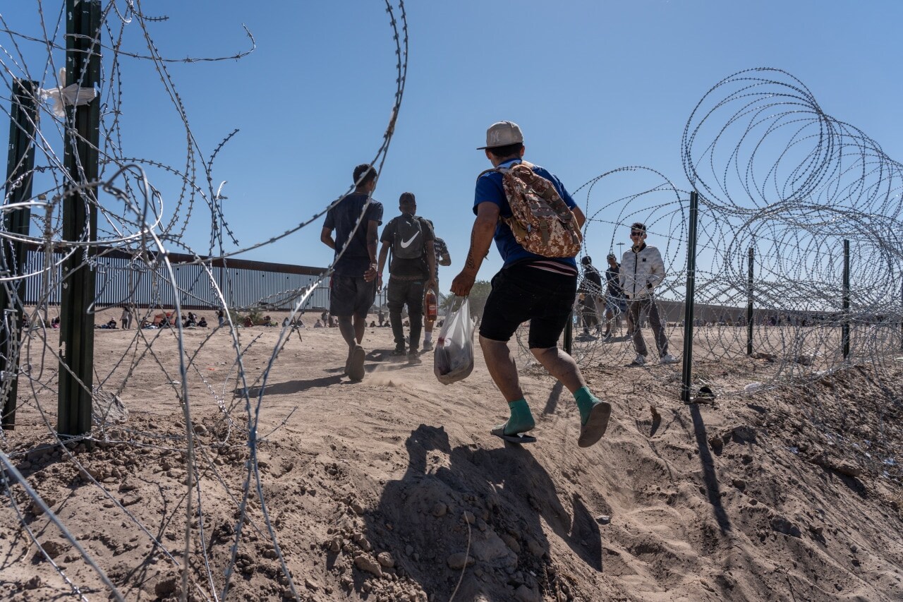Venezuelan men at an encampment on the U.S.-Mexico border in El Paso, Texas. Venezuelan men at an encampment on the U.S.-Mexico border in El Paso, Texas.