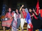Winning candidates in the JNUSU polls Aditi Mishra (President, SFI) K Gopika (VP, SFI) Sunil Yadav (Gen Sec, DSF) and Danish Ali (Joint Secretary, AISA) celebrate after the results, in JNU campus, in New Delhi on Thursday. (ANI Photo)