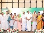 Lok Sabha MP Shashi Tharoor, AICC general secretary KC Venugopal, Kerala LoP VD Satheesan, and other leaders of the UDF at the event on Monday. (HT Photo)