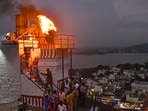 A lamp lit at Thiruparankundram temple as part of 'Karthigai Deepam' festival celebrations, in Madurai district, Tamil Nadu.