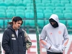 Gautam Gambhir inspects the pitch with Hardik Pandya.