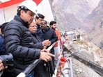 Union minister of power Manohar Lal Khattar inspects and reviews the progress of the Kiru (624 MW) and Kwar (540 MW) hydroelectric projects, in Kishtwar on Monday. (ANi)