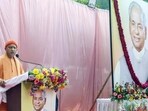 Uttar Pradesh chief minister Yogi Adityanath at an event in Lucknow on Monday to mark the 94th birth anniversary of Kalyan Singh. (ANI PHOTO)