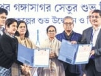 West Bengal Chief Minister Mamata Banerjee during the foundation stone laying program of 'Gangasagar Setu' and multiple development projects, in Kolkata on Monday. (ANI) West Bengal Chief Minister Mamata Banerjee during the foundation stone laying program of 'Gangasagar Setu' and multiple development projects, in Kolkata on Monday. (ANI)