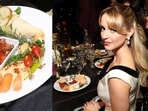 The snack plate featuring cheese, hummus, grapes, etc., and actor McKenna Grace at the show.