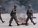 File photo of soldiers of the Nepal Army walking with assault rifles during the protests to condemn the police's deadly crackdown on demonstrators in Kathmandu last year. File photo of soldiers of the Nepal Army walking with assault rifles during the protests to condemn the police's deadly crackdown on demonstrators in Kathmandu last year.
