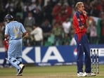 Stuart Broad reacts after being hit for a six by Yuvraj SIngh in Durban during the 2007 World Cup.
