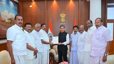 Edappadi Palaniswami (EPS) and other DMK leaders submitting the memorandum to governor RN Ravi on Tuesday. (X/AIADMKOFFICIAL) Edappadi Palaniswami (EPS) and other DMK leaders submitting the memorandum to governor RN Ravi on Tuesday. (X/AIADMKOFFICIAL)