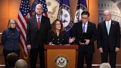 House Republican Conference Chair Rep. Lisa McClain speaks as Rep. Mariannette Miller-Meeks, House Majority Whip Rep. Tom Emmer, Speaker of the House Rep. Mike Johnson and House Majority Leader Steve Scalise listen. (Getty Images via AFP) House Republican Conference Chair Rep. Lisa McClain speaks as Rep. Mariannette Miller-Meeks, House Majority Whip Rep. Tom Emmer, Speaker of the House Rep. Mike Johnson and House Majority Leader Steve Scalise listen. (Getty Images via AFP)