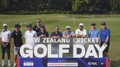 New Zealand's cricketers Michael Bracewell, Daryl Mitchell, Glenn Phillips and Kyle Jamieson during the New Zealand Cricket Team's Golf Day, at Willingdon Sports Club, in Mumbai. (PTI) New Zealand's cricketers Michael Bracewell, Daryl Mitchell, Glenn Phillips and Kyle Jamieson during the New Zealand Cricket Team's Golf Day, at Willingdon Sports Club, in Mumbai. (PTI)