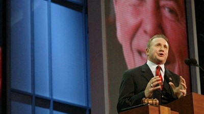 Michael Reagan introduces a video tribute to his late father, President Ronald Reagan, during the Republican National Convention in 2004. (AP) Michael Reagan introduces a video tribute to his late father, President Ronald Reagan, during the Republican National Convention in 2004. (AP)