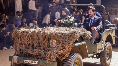 Bollywood actors Sunny Deol and Varun Dhawan during the teaser launch of the upcoming film Border 2, in Mumbai. (PTI) Bollywood actors Sunny Deol and Varun Dhawan during the teaser launch of the upcoming film Border 2, in Mumbai. (PTI)