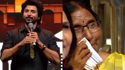 Sivakarthikeyan's mother wiped away tears as her son spoke at the Parasakthi event. Sivakarthikeyan's mother wiped away tears as her son spoke at the Parasakthi event.