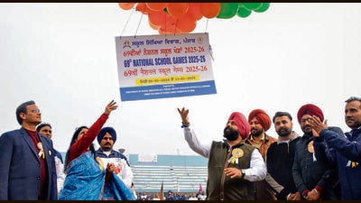 State education minister Harjot Bains hoisting the School Games Federation of India flag at Guru Nanak Stadium in Ludhiana on Tuesday. (HT Photo) State education minister Harjot Bains hoisting the School Games Federation of India flag at Guru Nanak Stadium in Ludhiana on Tuesday. (HT Photo)