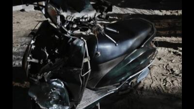 The mangled remains of the scooter on which the deceased were travelling to Murthal o n Monday evening. (HT Photo)