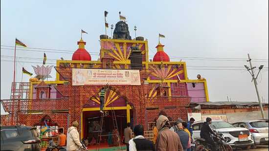 A camp of a religious institution having an entrance gate built from bamboo and wood at Magh Mela-2026. (HT PHOTO)