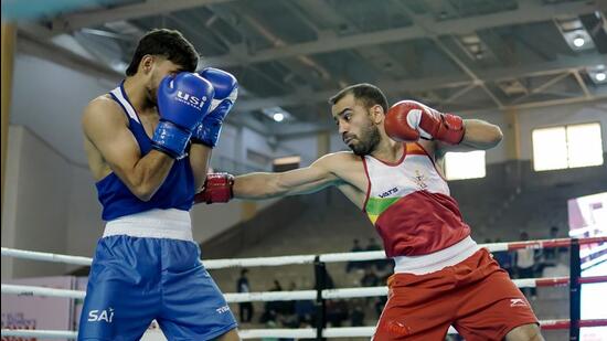 Amit Panghal (right) in action during the Boxing Nationals. (BFI)