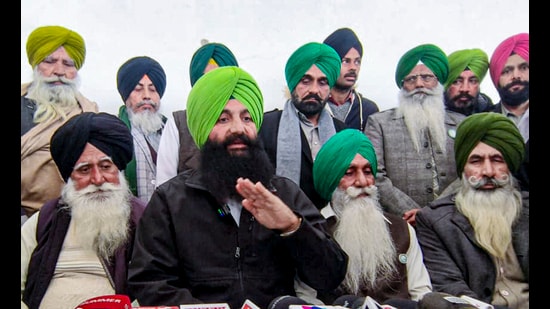 BKU Sidhupur’s newly elected convener Dalvir Singh with senior leaders, addresses a press conference, in Patiala on Tuesday. (PTI)