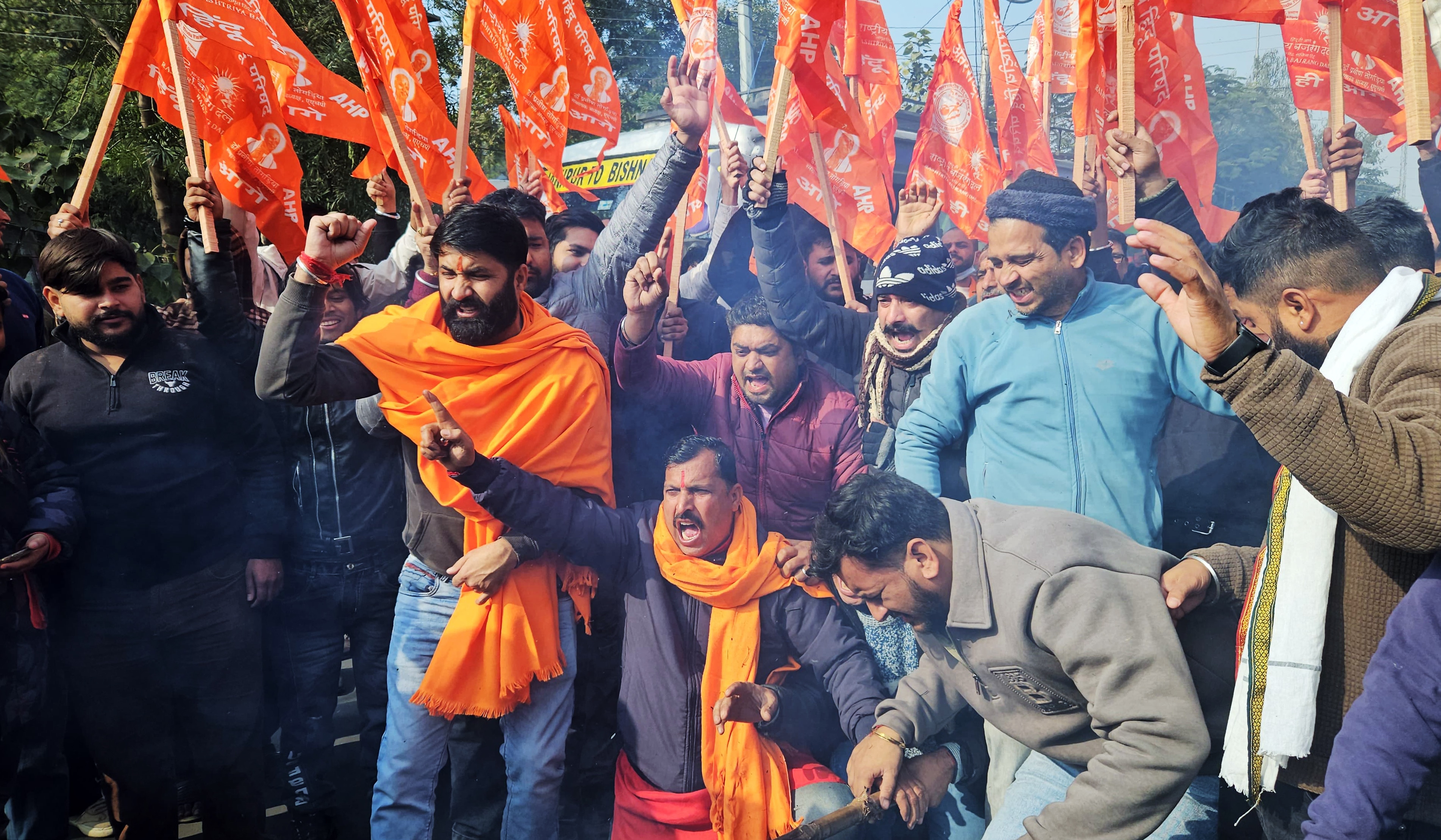 Rashtriya Bajrang Dal members stage a demonstration demanding revocation of the MBBS admission list of Shri Mata Vaishno Devi Institute of Medical Excellence, in Reasi on Tuesday, January 6. (Makhanlal/ANI Photo) Rashtriya Bajrang Dal members stage a demonstration demanding revocation of the MBBS admission list of Shri Mata Vaishno Devi Institute of Medical Excellence, in Reasi on Tuesday, January 6. (Makhanlal/ANI Photo)