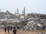 Authorities had razed a banquet hall, a private diagnostics centre and a room where Haj pilgrims stayed, portions of a road, a footpath, and a car park. (Vipin Kumar/ Hindustan Times)
