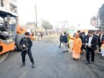 CM Yogi Adityanath inspected the Gorakhpur to Pipraich four-lane road and directed officials to demolish the old bridge at Godhiya Nala in Gorakhpur on Wednesday (HT Photo)