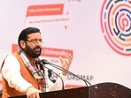 Chief Minister Nayab Singh Saini addresses the first session of the Haryana Vision 2047 pre-budget consultation. (Parveen Kumar/HT)