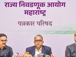 Mumbai: State Election Commissioner, Maharashtra, Dinesh Waghmare, centre, addresses a press conference regarding the schedule of the state municipal corporation polls, in Mumbai.