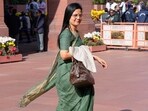 TMC MP Mahua Moitra during the Winter session of Parliament, in New Delhi. TMC MP Mahua Moitra during the Winter session of Parliament, in New Delhi.