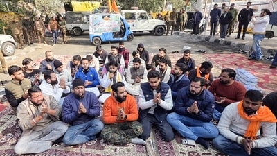 Sangharsh Samiti students sit outside Civil Secretariat to protest against the alleged grant of majority seats in MBBS to Muslim students, at Shri Mata Vaishno Devi Institute of Medical Excellence, in Jammu on Tuesday. (ANI) Sangharsh Samiti students sit outside Civil Secretariat to protest against the alleged grant of majority seats in MBBS to Muslim students, at Shri Mata Vaishno Devi Institute of Medical Excellence, in Jammu on Tuesday. (ANI)