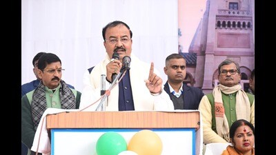 Deputy chief minister Keshav Prasad Maurya at the programme organised on the eve of the 139th anniversary of the first meeting of the Uttar Pradesh Legislative Assembly, in Prayagraj, on Wednesday (Anil Kumar Maurya/HT)