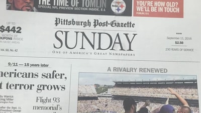 A front page of the Sunday edition of the Pittsburgh Post-Gazette. (X/@BigSteve_H) A front page of the Sunday edition of the Pittsburgh Post-Gazette. (X/@BigSteve_H)