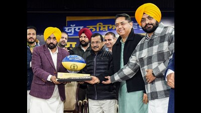 Punjab chief minister Bhagwant Mann and AAP national convener Arvind Kejriwal, along with other dignitaries, inaugurating the second phase of the anti-drug campaign in Kapurthala. (@BhagwantMann X) Punjab chief minister Bhagwant Mann and AAP national convener Arvind Kejriwal, along with other dignitaries, inaugurating the second phase of the anti-drug campaign in Kapurthala. (@BhagwantMann X)