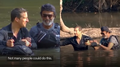 The video captured Rajinikanth bravely stepping into a crocodile-infested lake alongside Grylls. (@beargrylls/Instagram) The video captured Rajinikanth bravely stepping into a crocodile-infested lake alongside Grylls. (@beargrylls/Instagram)