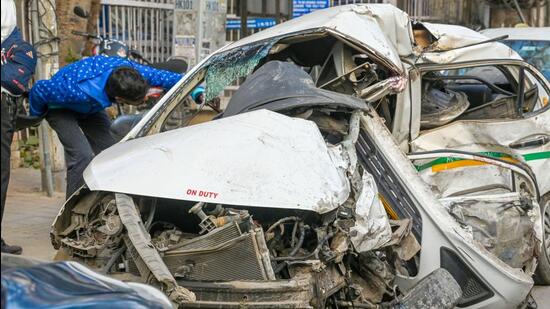 The mangles remnants of the Hyundai Accent car. (RAJ K RAJ /HT PHOTO)
