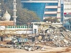 A view outside the Syed Elahi Masjid where MCD carried out a demolition drive on Wednesday. (Sanchit Khanna/HT PHOTO)