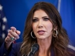 Kristi Noem, secretary of the US Department of Homeland Security (DHS), speaks during a news conference after the ICE shooting in Minneapolis.