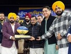 Punjab chief minister Bhagwant Mann and AAP national convener Arvind Kejriwal, along with other dignitaries, inaugurating the second phase of the anti-drug campaign in Kapurthala. (@BhagwantMann X)