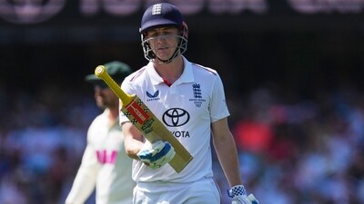 Harry Brook reacts after he was dismissed during play on day two of the fifth and final Ashes Test. (AP) Harry Brook reacts after he was dismissed during play on day two of the fifth and final Ashes Test. (AP)