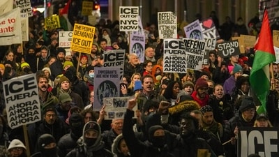 People protest after Renee Nicole Good's fatal shooting by an ICE agent in Minneapolis on Wednesday, Jan. 7, 2026, in New York. (AP Photo/Ryan Murphy) (AP) People protest after Renee Nicole Good's fatal shooting by an ICE agent in Minneapolis on Wednesday, Jan. 7, 2026, in New York. (AP Photo/Ryan Murphy) (AP)