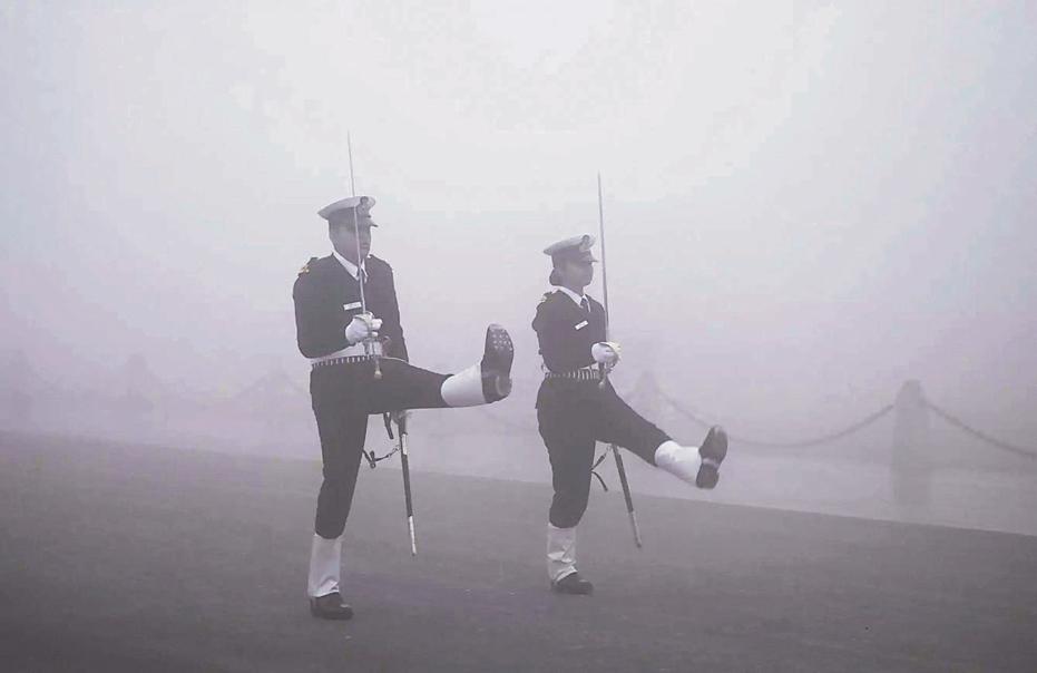 Indian Navy personnel seen practising their marching routine. Indian Navy personnel seen practising their marching routine.